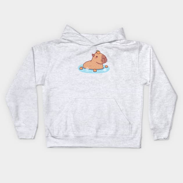 Cute Capybara With Orange On Head Chilling In Hot Spring Kids Hoodie by rustydoodle